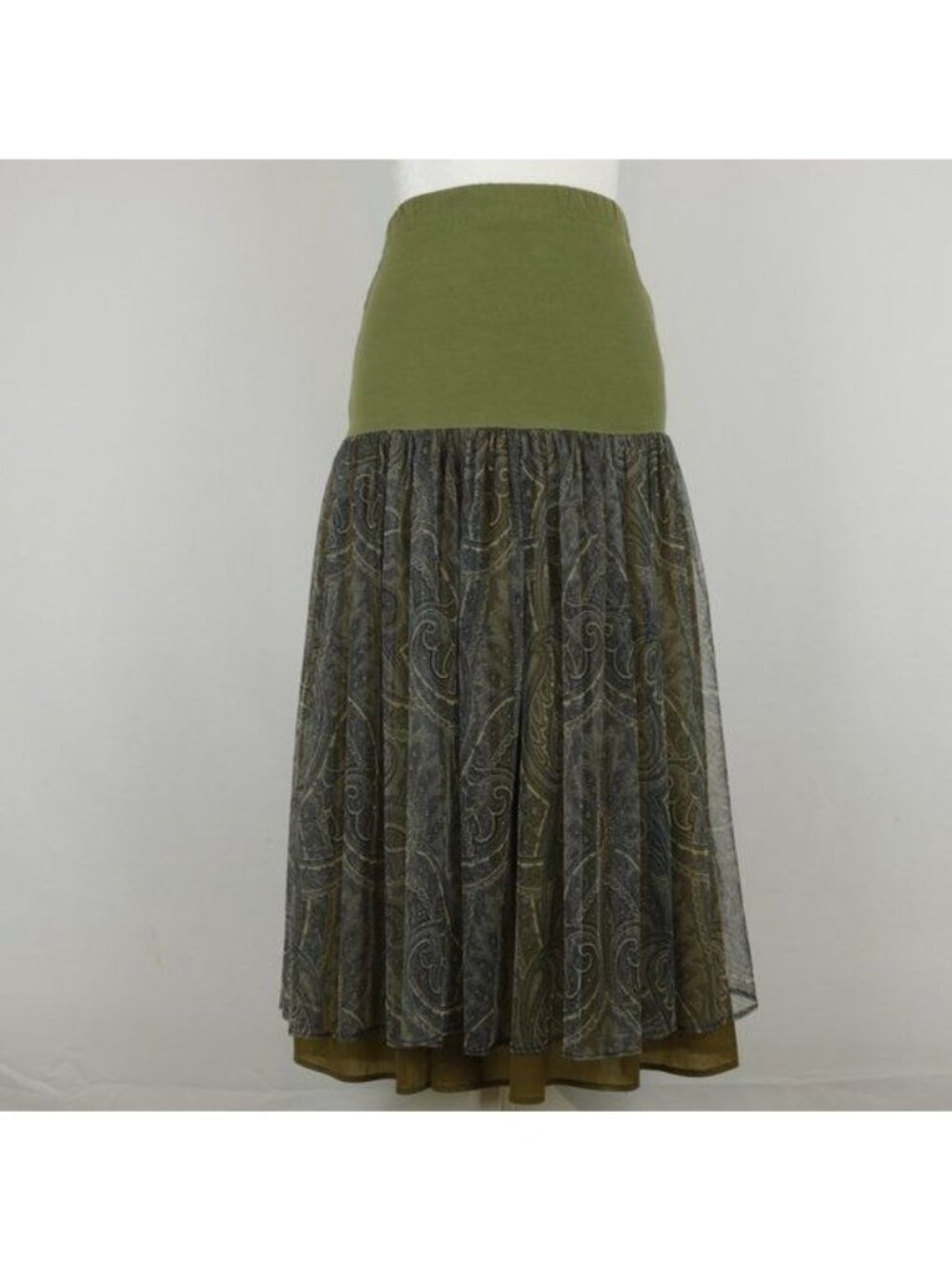 Atos Lombardini Women's Medium Green Brown Boho Mesh Layered Full Midi Skirt